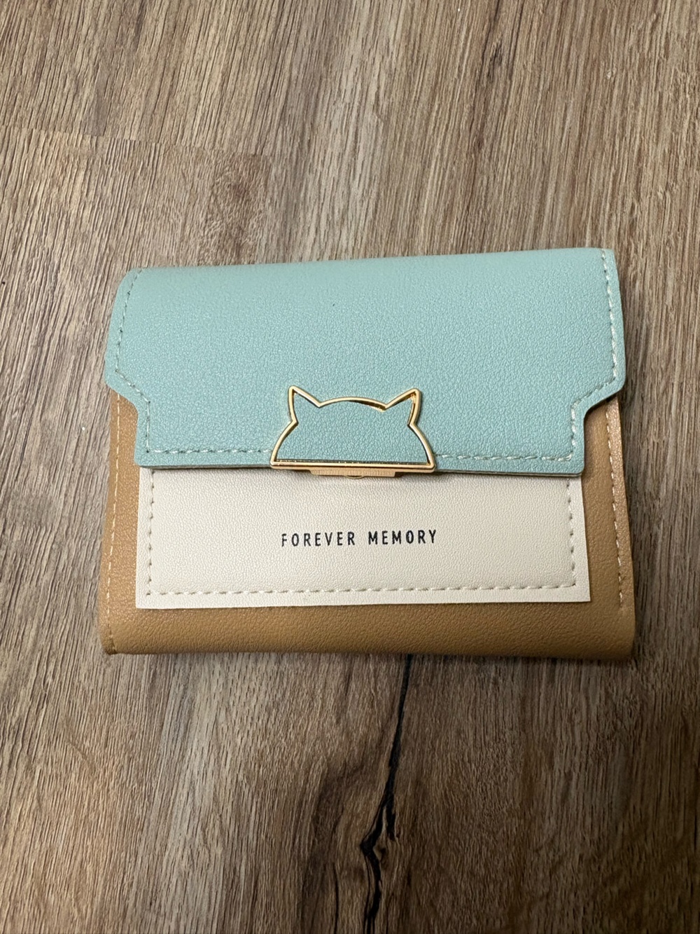 Forever Memory Color Block Trifold Wallet Cat Clasp NWT Korean Style Blue/Tan